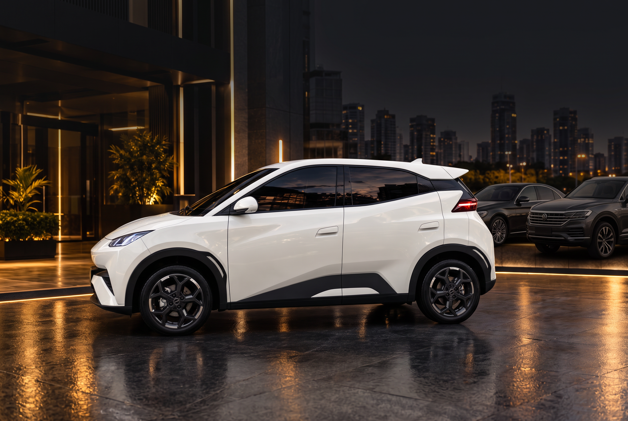 Carro elétrico branco em destaque com sedan executivo e SUV premium ao fundo